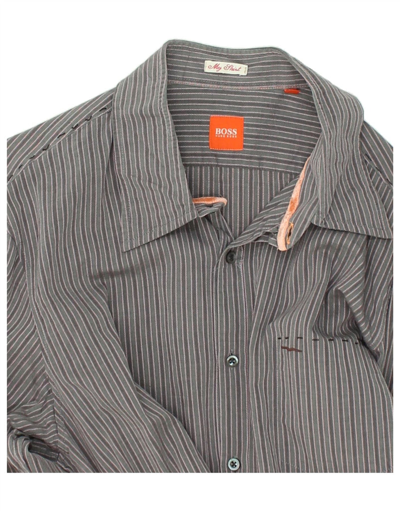 HUGO BOSS Mens Shirt Large Grey Striped Cotton | Vintage Hugo Boss | Thrift | Second-Hand Hugo Boss | Used Clothing | Messina Hembry 