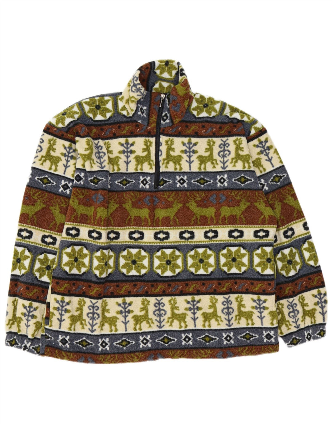 Vintage Mens Zip Neck Fleece Jumper Medium Multicoloured Fair Isle