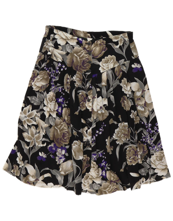 Vintage Womens High Waist Pleated Skirt EU 44 XL W34 Black Floral Viscose