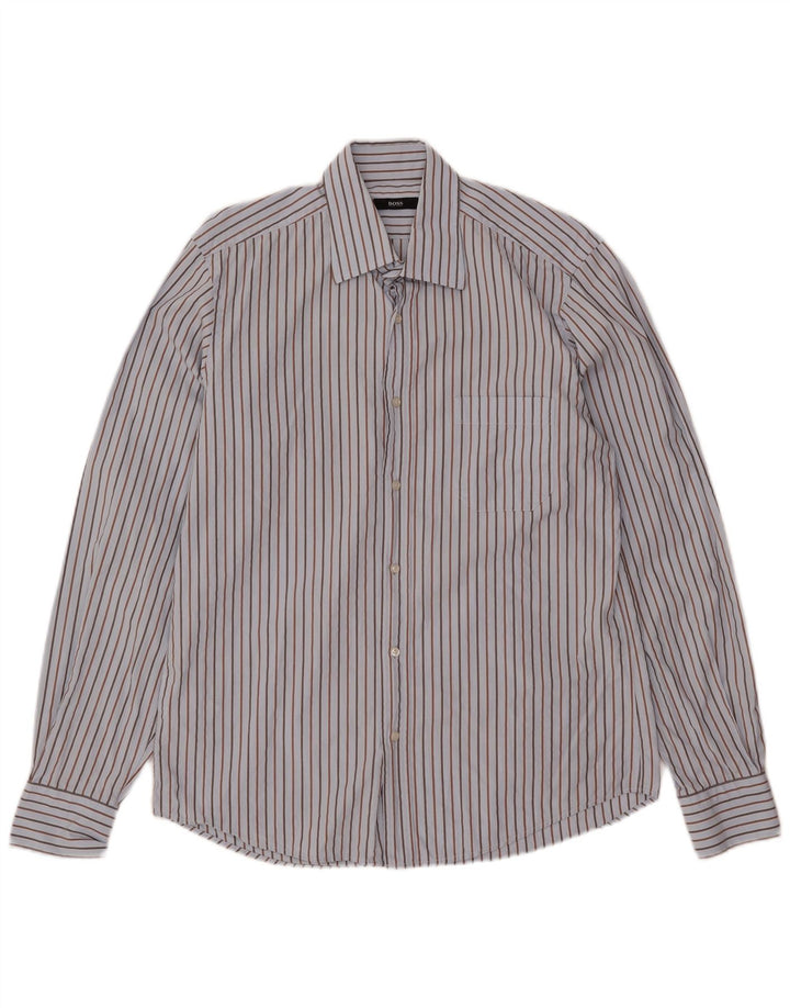 Hugo Boss Mens Shirt Size 40 15 3/4 Medium Blue Striped Cotton