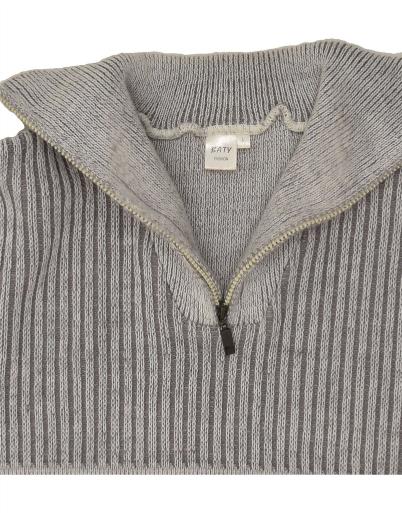 VINTAGE Mens Zip Neck Jumper Sweater Large Grey Striped Acrylic | Vintage Vintage | Thrift | Second-Hand Vintage | Used Clothing | Messina Hembry 