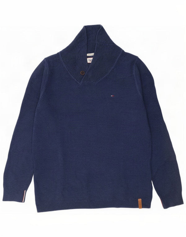 Tommy Hilfiger Mens Shawl Neck Jumper Sweater XL Navy Blue Cotton