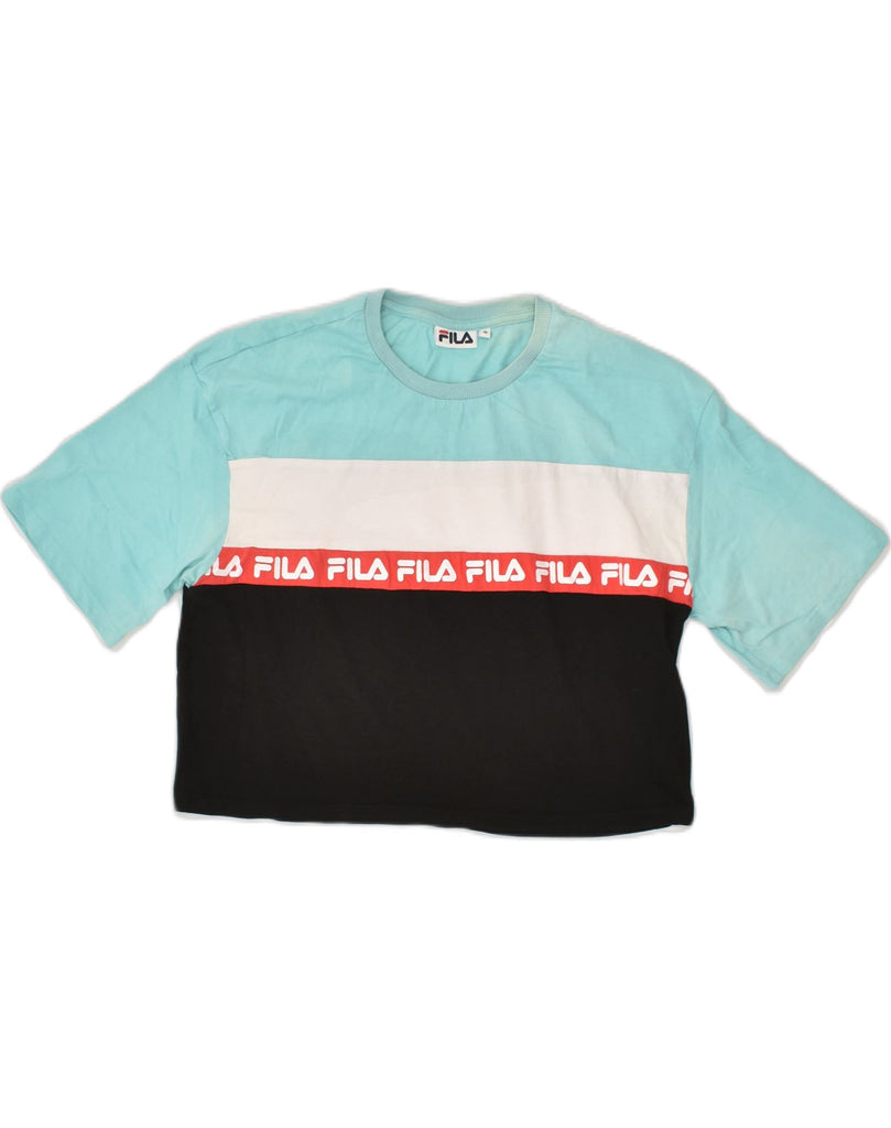 FILA Womens Crop Graphic T-Shirt Top UK 10 Small Blue Colourblock Cotton | Vintage Fila | Thrift | Second-Hand Fila | Used Clothing | Messina Hembry 