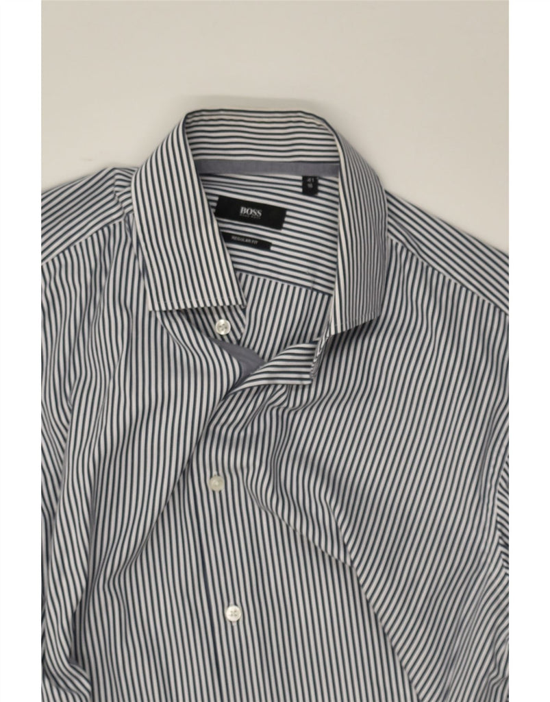 HUGO BOSS Mens Regular Fit Shirt Size 16 41 Large Navy Blue Striped Cotton | Vintage Hugo Boss | Thrift | Second-Hand Hugo Boss | Used Clothing | Messina Hembry 