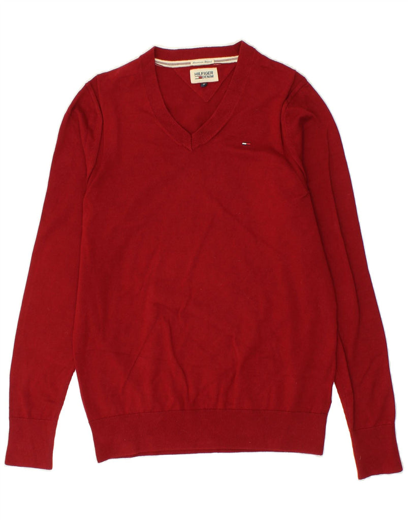 TOMMY HILFIGER Mens V-Neck Jumper Sweater Medium Red Cotton | Vintage Tommy Hilfiger | Thrift | Second-Hand Tommy Hilfiger | Used Clothing | Messina Hembry 