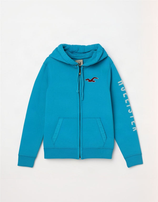 Hollister Mens Graphic Zip Hoodie Sweater Medium Blue Cotton