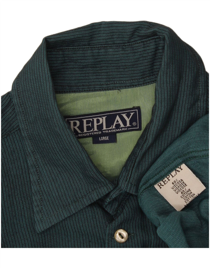 REPLAY Mens Shirt Large Green Pinstripe Viscose Vintage Replay and Second-Hand Replay from Messina Hembry 