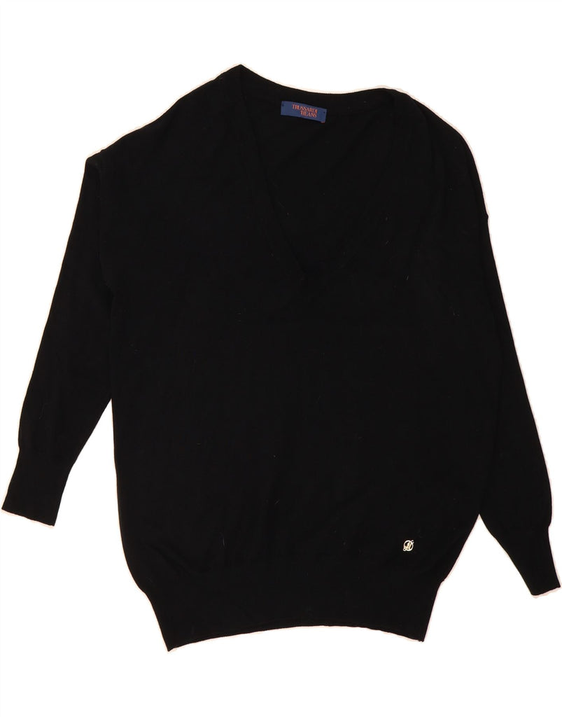 TRUSSARDI JEANS Mens V-Neck Jumper Sweater Large Black Viscose Vintage Trussardi Jeans and Second-Hand Trussardi Jeans from Messina Hembry 