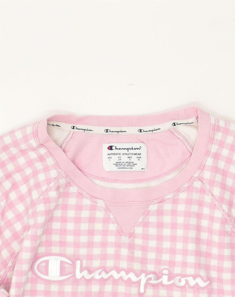 CHAMPION Womens Authentic Graphic Sweatshirt Jumper UK 16 Large Pink Check | Vintage Champion | Thrift | Second-Hand Champion | Used Clothing | Messina Hembry 