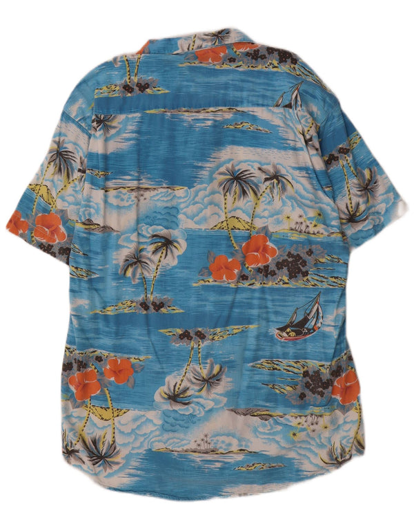 Vintage Mens Short Sleeve Shirt Medium Blue Floral Cotton Hawaiian