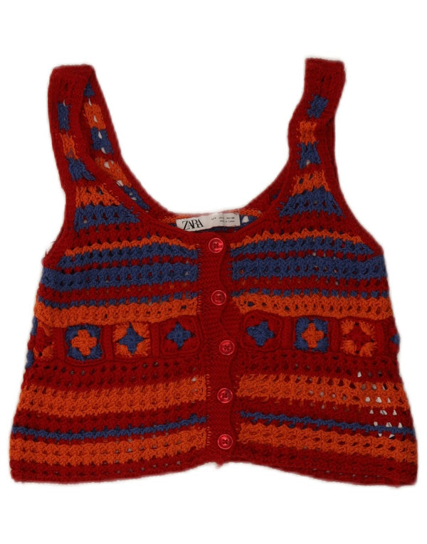 Zara Womens Sleeveless Crochet Crop Top UK 8 Small Red Geometric Cotton