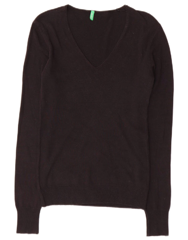 BENETTON Womens V-Neck Jumper Sweater UK 10 Small Black