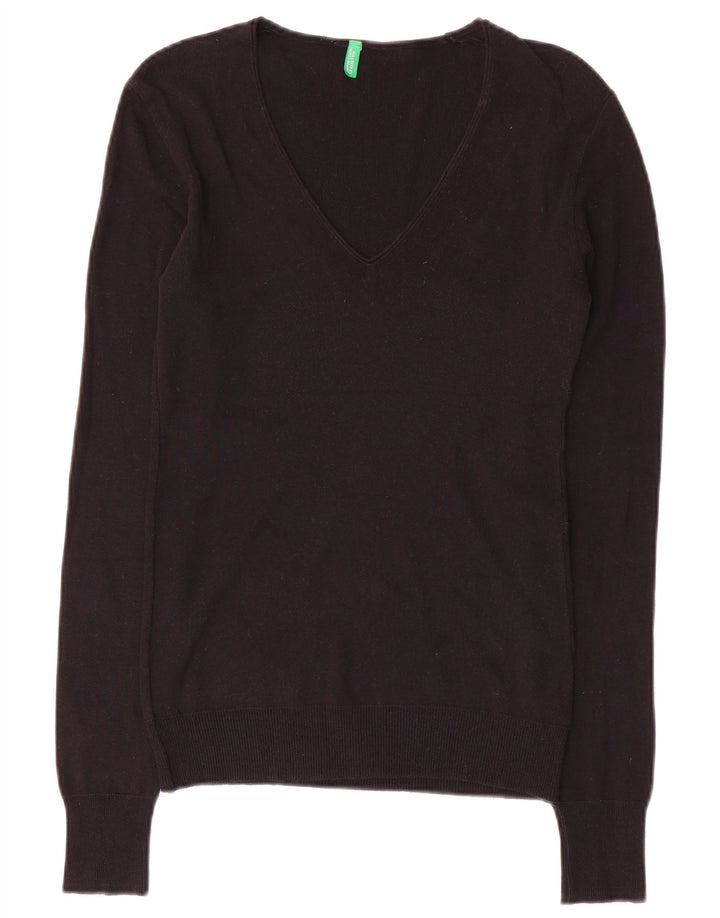 BENETTON Womens V-Neck Jumper Sweater UK 10 Small Black