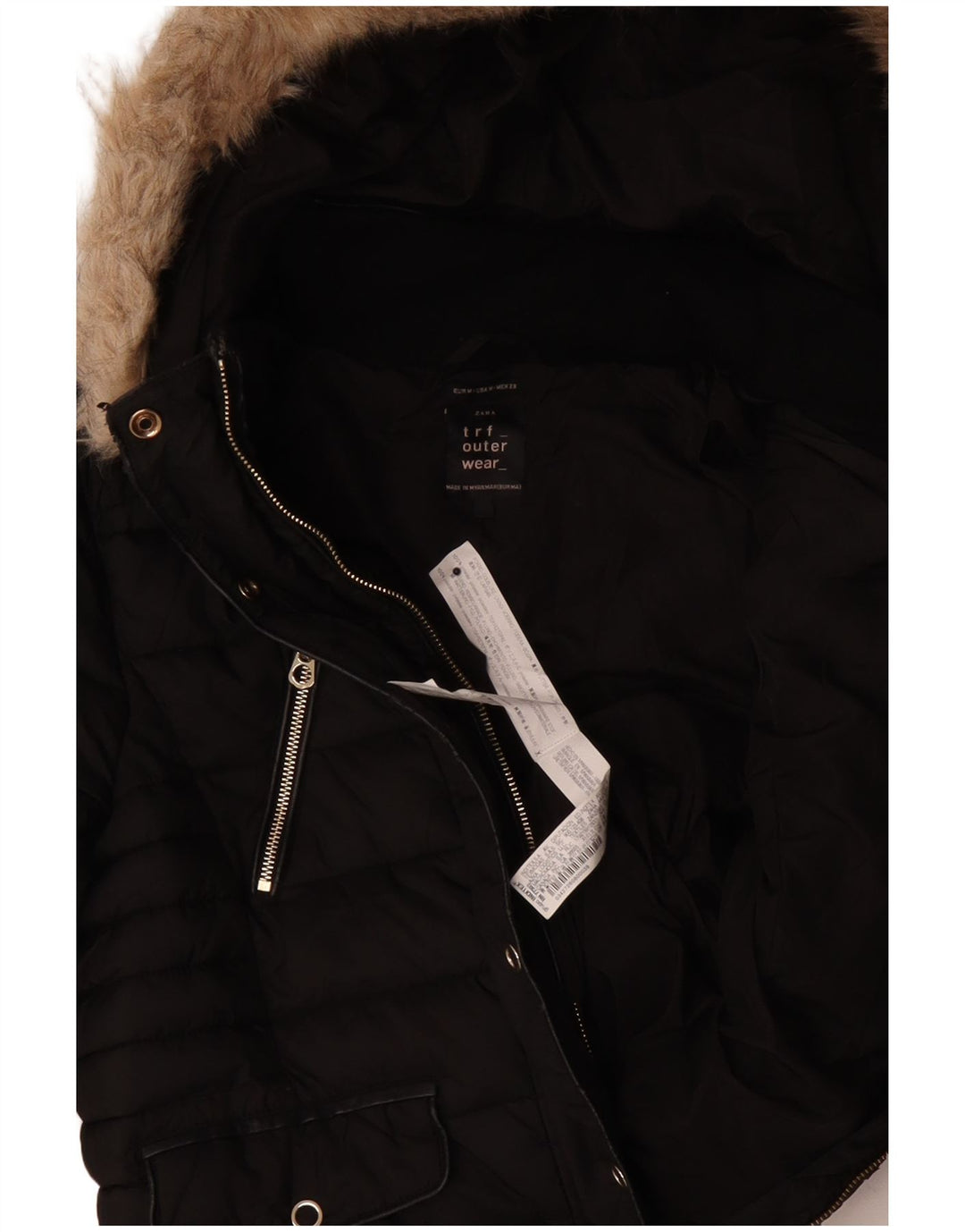 Zara Womens Hooded Padded Jacket UK 14 Medium Black Polyester