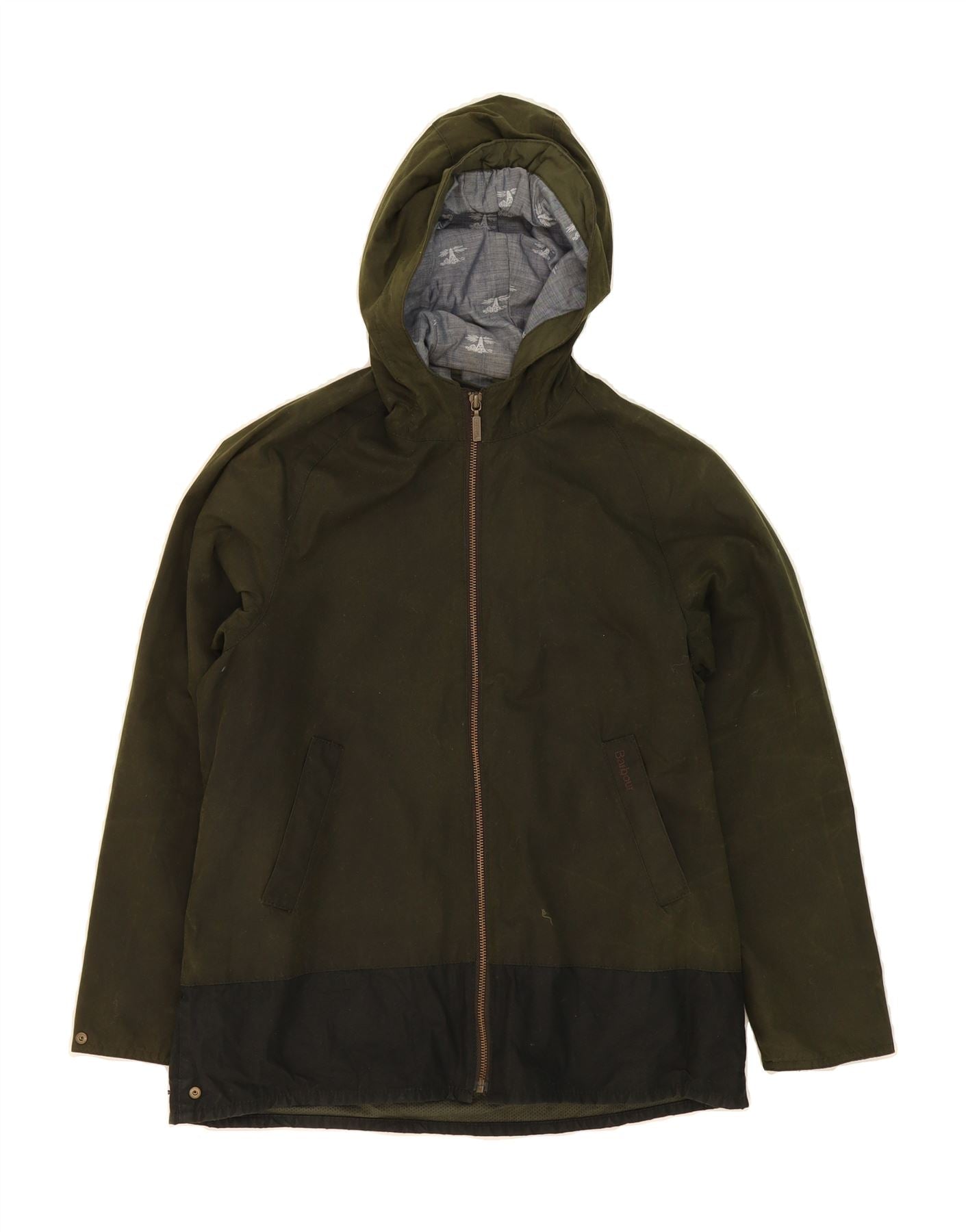 BARBOUR Boys Hooded Waxed Jacket 13-14 Years 2XL Green Colourblock Cotton Vintage Barbour and Second-Hand Barbour from Messina Hembry 