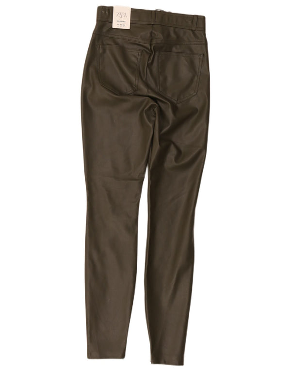Zara Womens High Waist Skinny Faux Leather Trousers XS W24 L28 Khaki