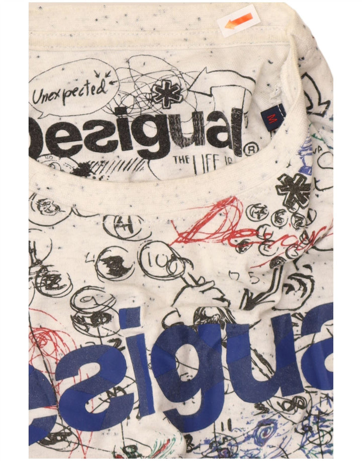 DESIGUAL Mens Abstract Pattern Graphic T-Shirt Top Medium White Cotton