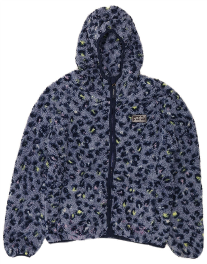 EDDIE BAUER Girls Hooded Fleece Jacket 13-14 Years Large Blue Animal Print