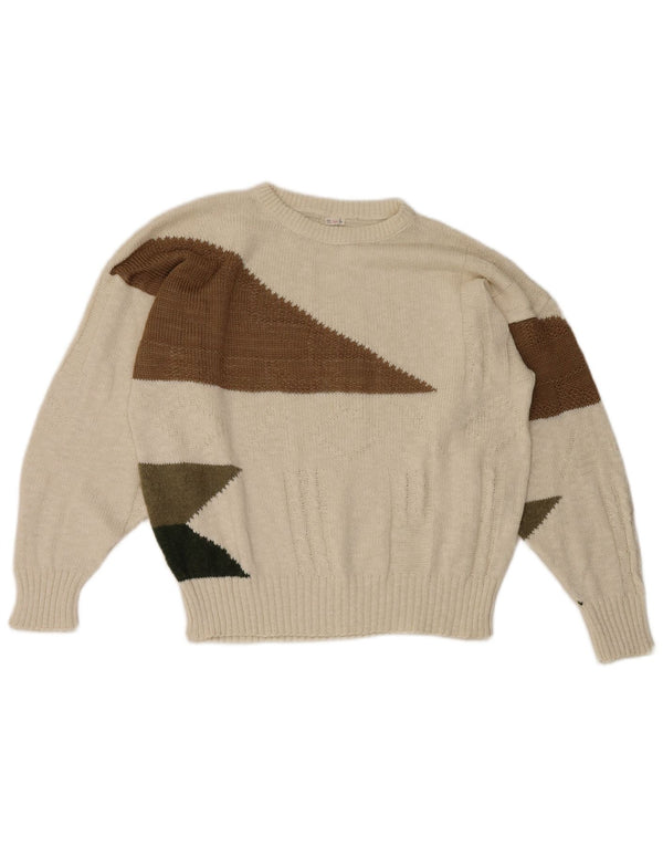 Vintage Girls Crew Neck Jumper Sweater 13-14 Years White Geometric Cotton