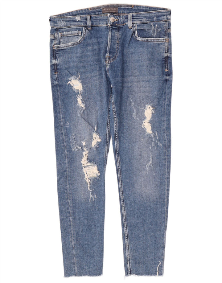 Zara Mens Distressed Slim Jeans EU 44 Large W34 L28 Blue Cotton