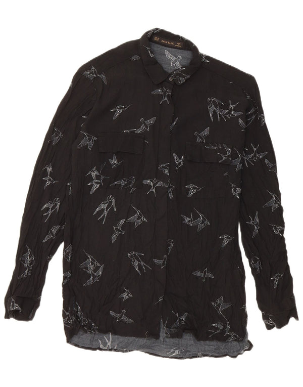 Zara Womens Graphic Oversized Shirt Blouse UK 6 XS Black Viscose