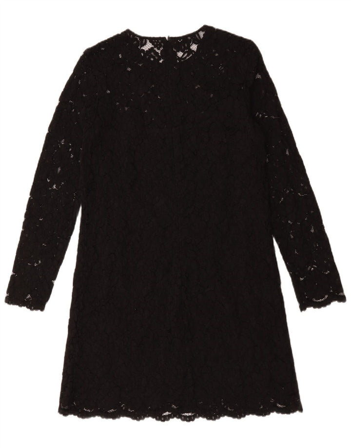 Vintage Womens Long Sleeve Shift Dress UK 12 Medium Black Floral Polyester