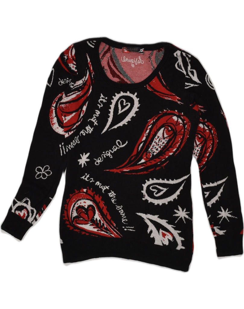 DESIGUAL Womens Boat Neck Jumper Sweater UK 12 Medium Black Paisley Cotton | Vintage Desigual | Thrift | Second-Hand Desigual | Used Clothing | Messina Hembry 