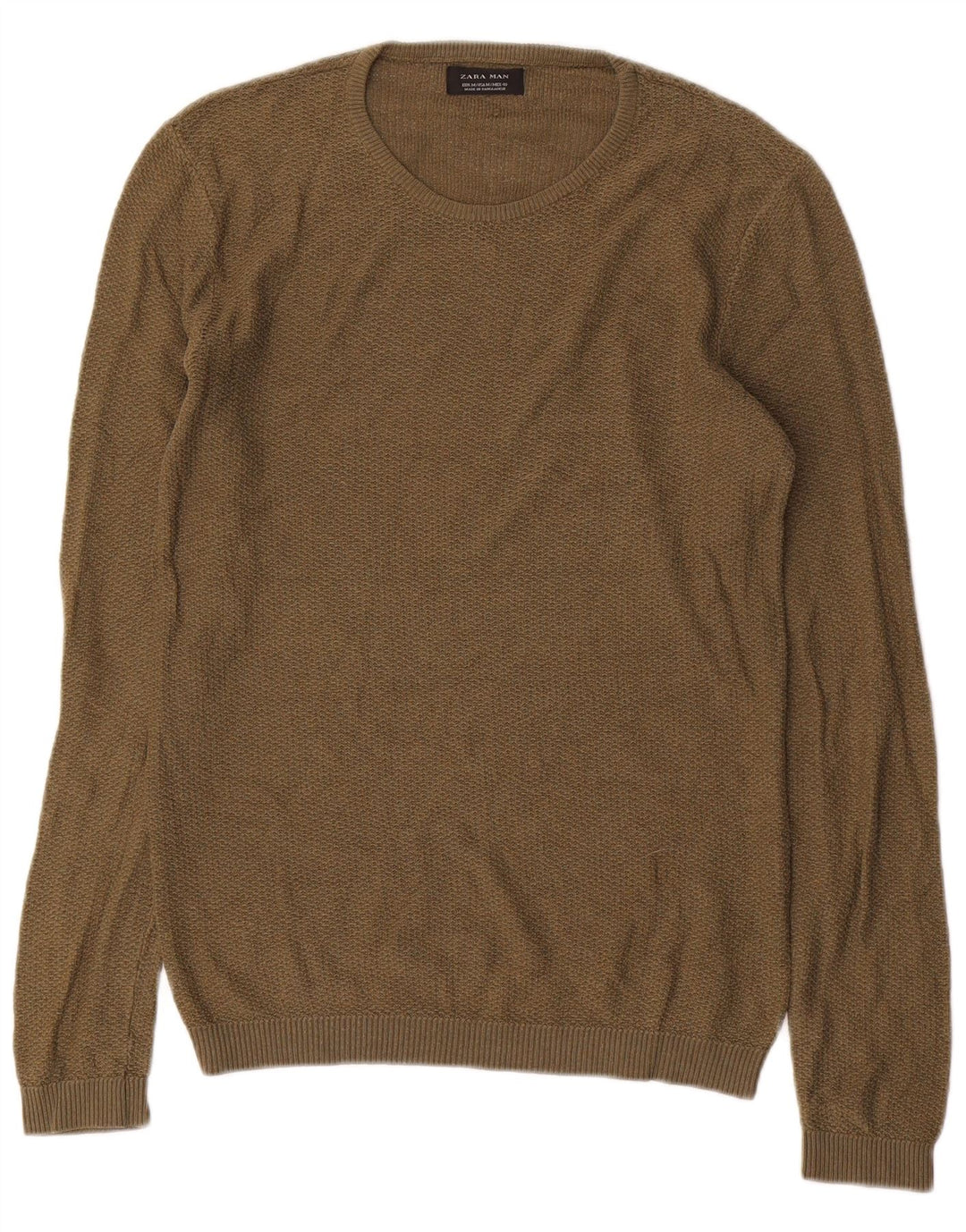 Zara Mens Crew Neck Jumper Sweater Medium Khaki Acrylic
