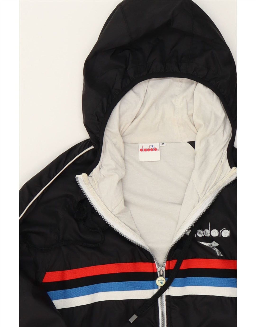 DIADORA Womens Graphic Hooded Tracksuit Top Jacket UK 14 Medium Black Vintage Diadora and Second-Hand Diadora from Messina Hembry 