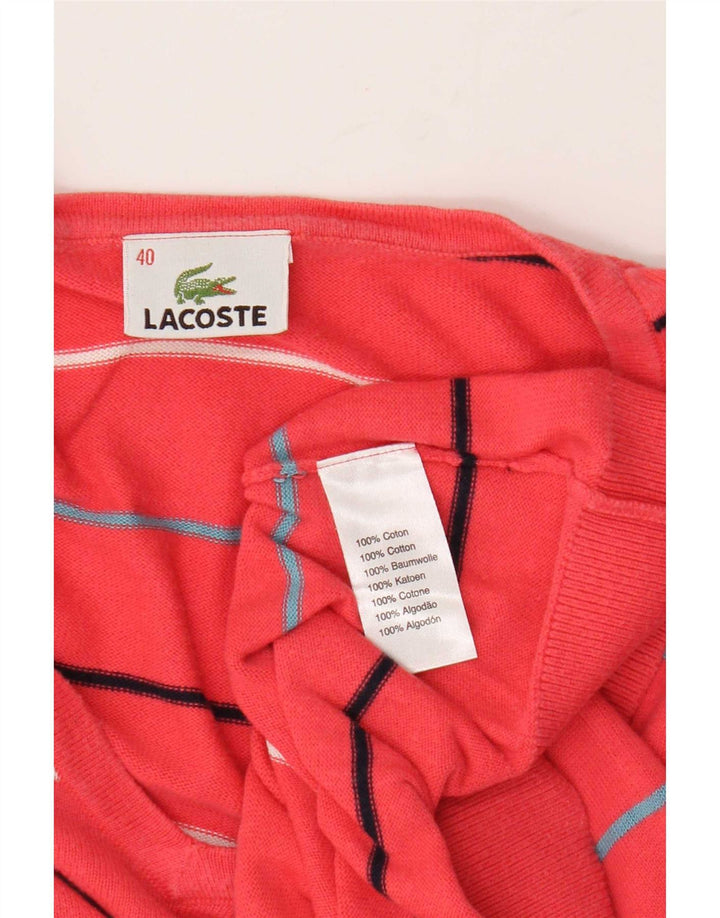 Lacoste Womens V-Neck Jumper Sweater Size 40 Medium Pink Striped Cotton