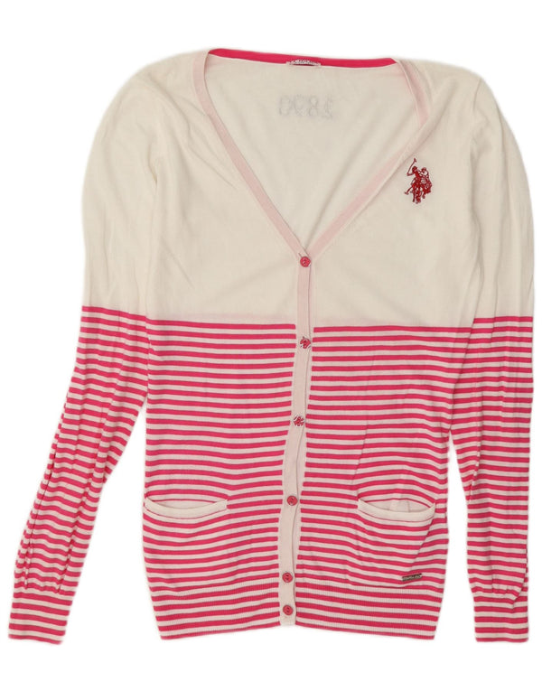 U.S. Polo Assn. Womens Cardigan Sweater UK 10 Small White Striped Cotton