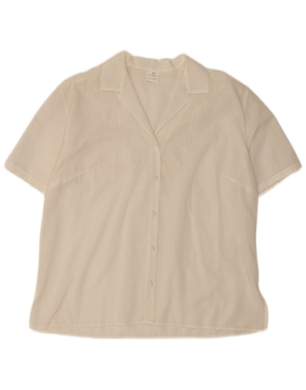 Ricamo A Mano Womens Short Sleeve Shirt Blouse IT 48 XL White Floral Cotton