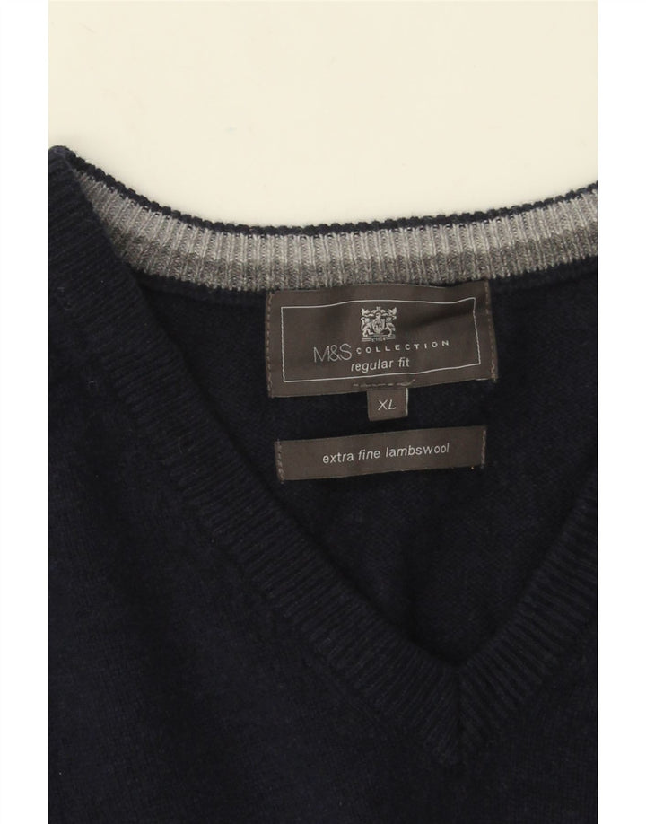 Marks & Spencer Mens Regular Fit V-Neck Jumper Sweater XL Navy Blue Wool