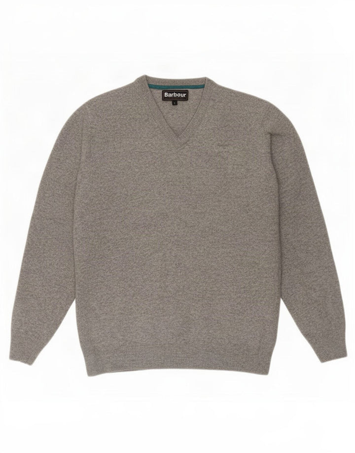 Barbour Mens V-Neck Jumper Sweater Large Grey Lambswool