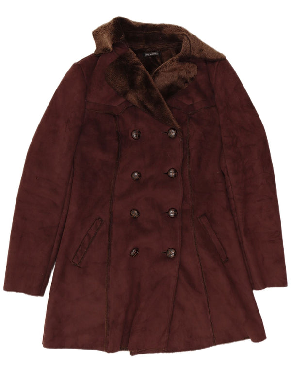 Vintage Womens Sherpa Double Breasted Coat UK 8 Small Brown