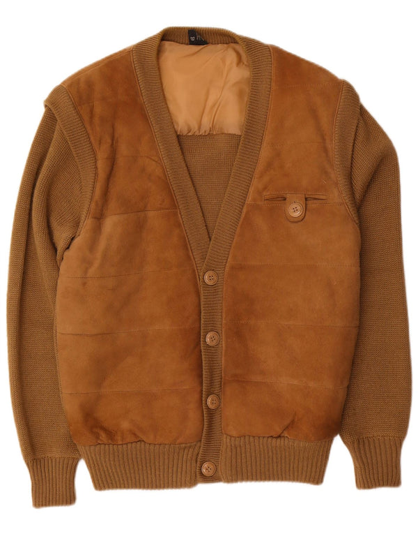 C&A Mens Suede Cardigan Sweater EU 52/54 Large Brown Leather