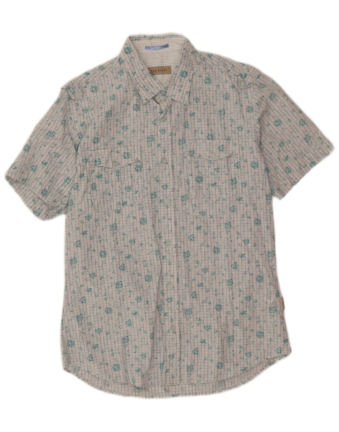 Ted Baker Mens Short Sleeve Shirt Size 3 Medium White Floral Cotton