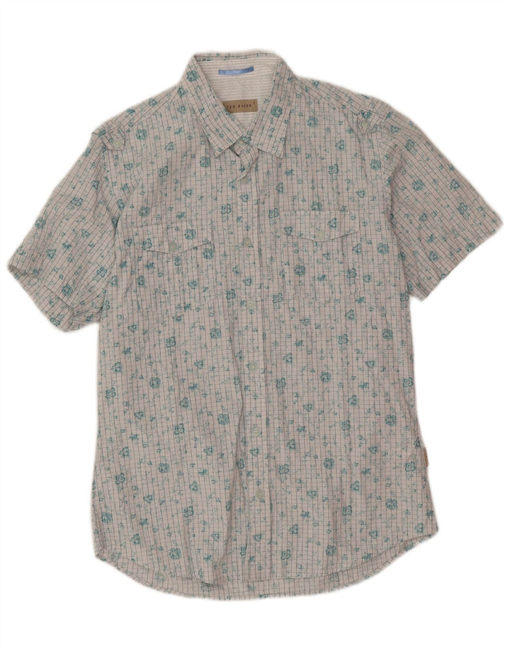 Ted Baker Mens Short Sleeve Shirt Size 3 Medium White Floral Cotton