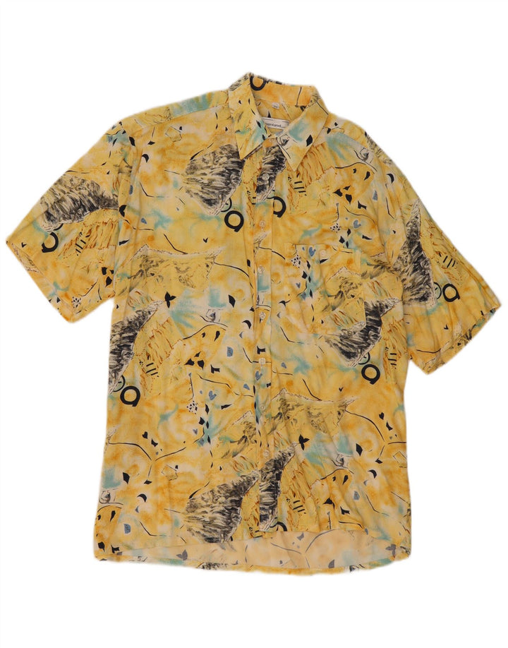 ALPENLAND Mens Abstract Pattern Short Sleeve Shirt Size 39 Medium Yellow