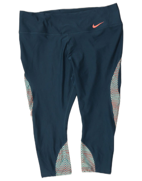 Nike Womens Dri Fit Capri Leggings UK 18 XL Navy Blue Geometric Polyester