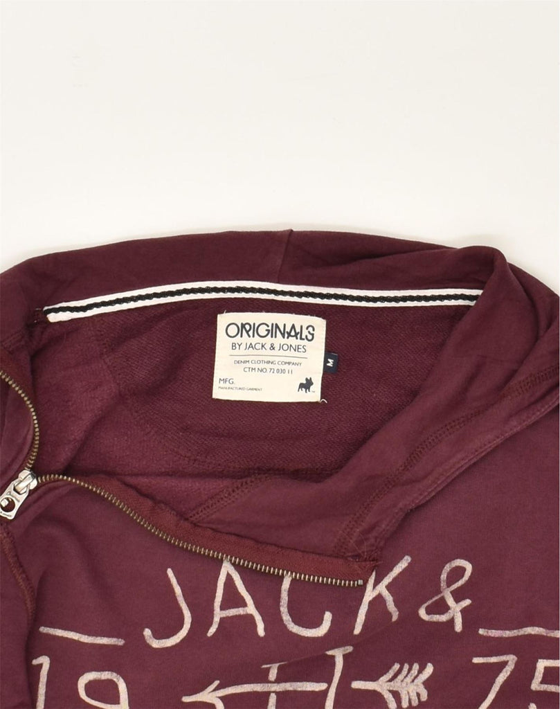 JACK & JONES Mens Graphic Zip Neck Hoodie Jumper Medium Burgundy Cotton | Vintage Jack & Jones | Thrift | Second-Hand Jack & Jones | Used Clothing | Messina Hembry 