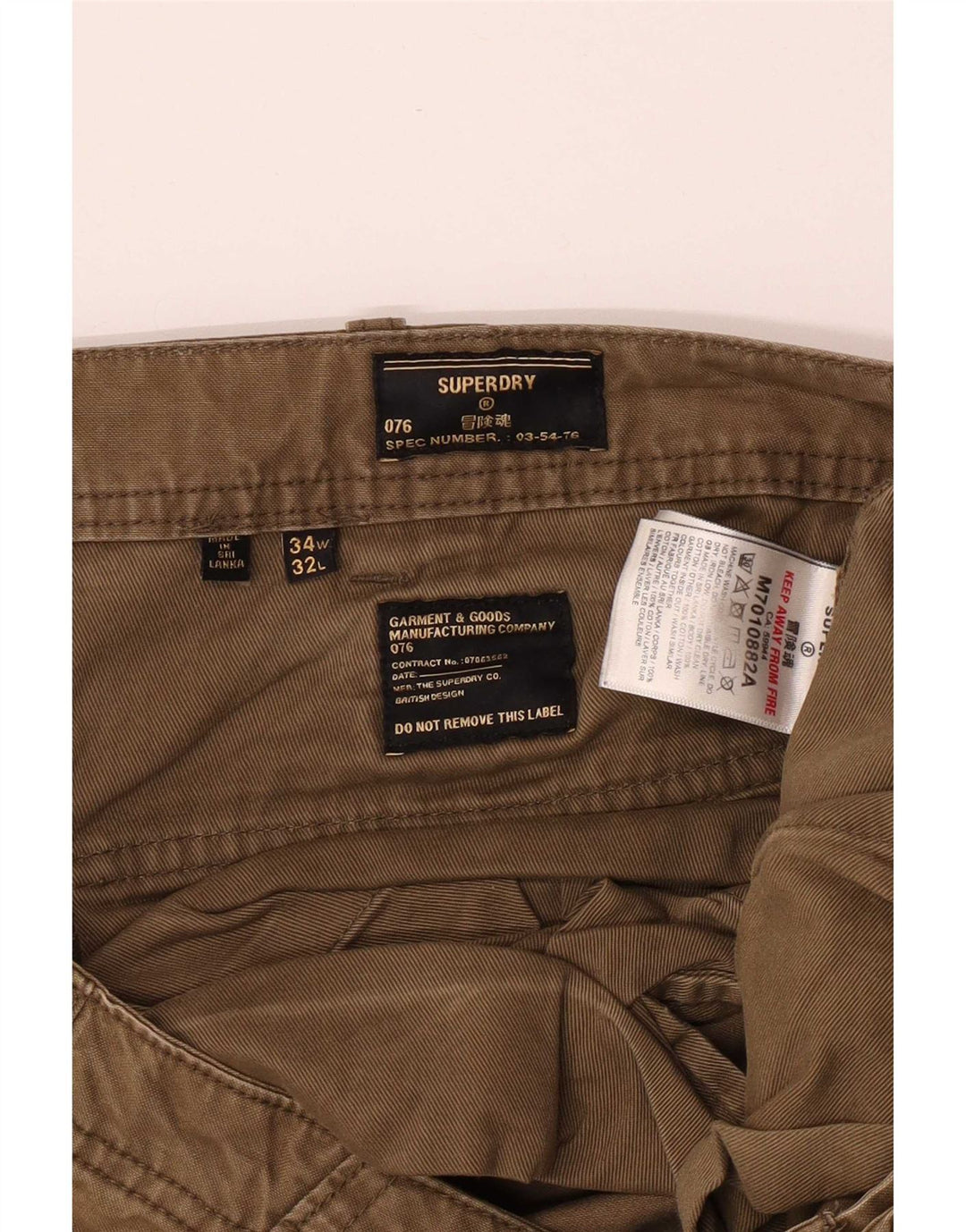 Superdry Mens Straight Cargo Trousers W34 L32 Khaki Cotton