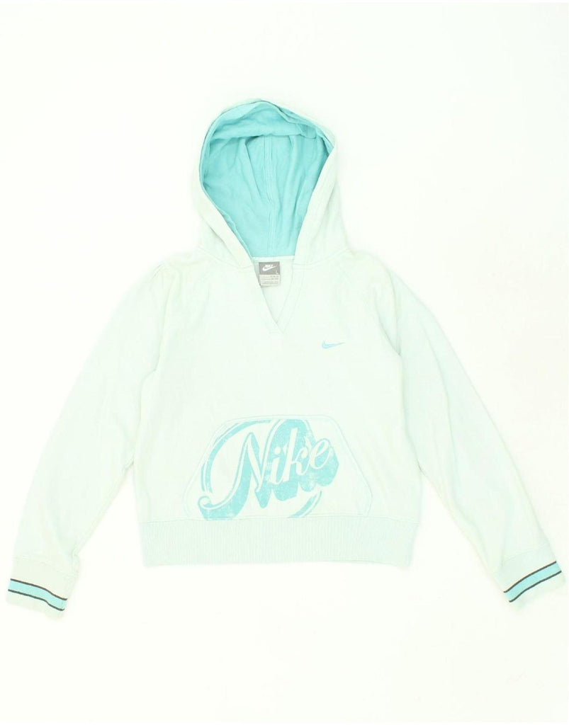 NIKE Girls Graphic Hoodie Jumper 12-13 Years Large Turquoise Cotton Vintage Nike and Second-Hand Nike from Messina Hembry 