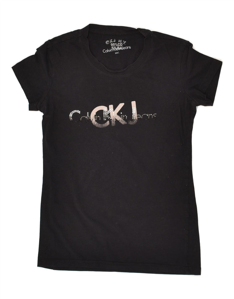 CALVIN KLEIN Womens Graphic T-Shirt Top UK 14 Large Black Cotton | Vintage Calvin Klein | Thrift | Second-Hand Calvin Klein | Used Clothing | Messina Hembry 