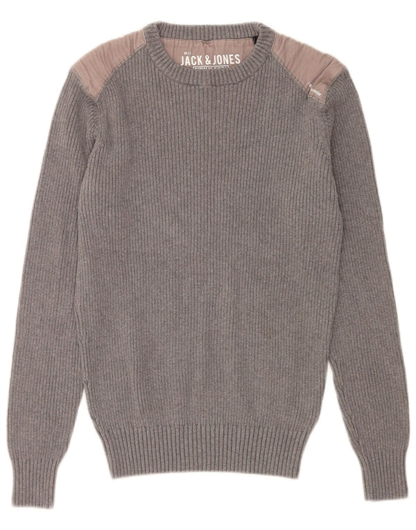 Jack & Jones Mens Crew Neck Jumper Sweater Medium Grey Colourblock Cotton