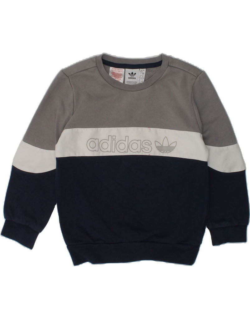 ADIDAS Boys Graphic Sweatshirt Jumper 6-7 Years Grey Colourblock Cotton | Vintage Adidas | Thrift | Second-Hand Adidas | Used Clothing | Messina Hembry 