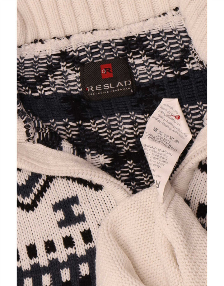Vintage Mens Zip Neck Jumper Sweater Large White Geometric Polyacrylic