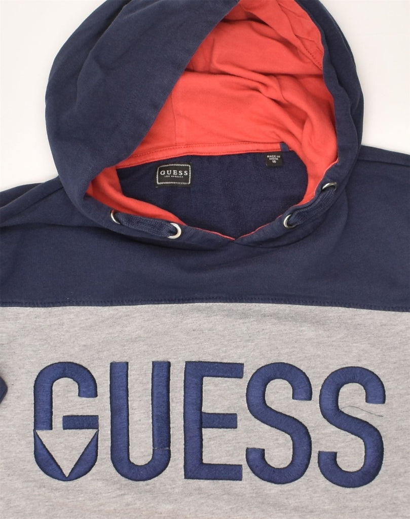 GUESS Boys Graphic Hoodie Jumper 15-16 Years Navy Blue Colourblock Cotton | Vintage Guess | Thrift | Second-Hand Guess | Used Clothing | Messina Hembry 