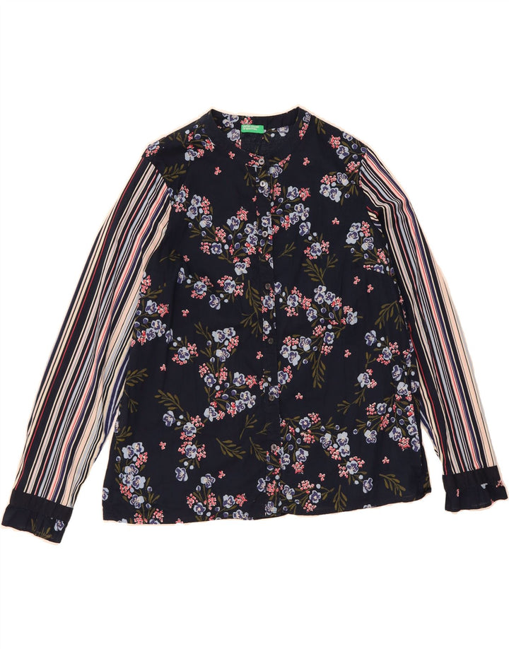 BENETTON Womens Shirt UK 14 Medium Navy Blue Floral Cotton Vintage Benetton and Second-Hand Benetton from Messina Hembry 