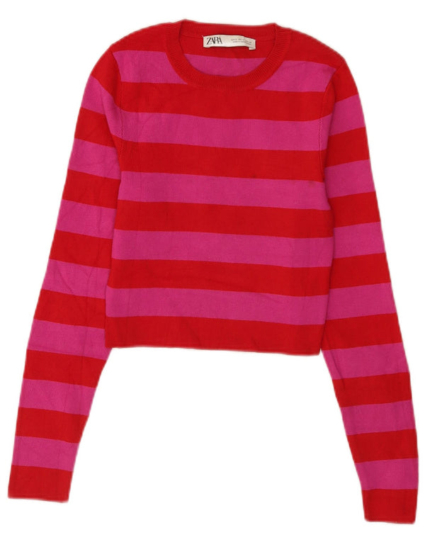 Zara Womens Crop Top Long Sleeve UK 12 Medium Red Striped Viscose